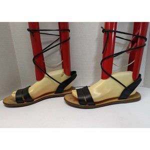 Women's Size 9 Madewell Boardwalk Black Leather Ankle Tie Flat Sandals Open Toes